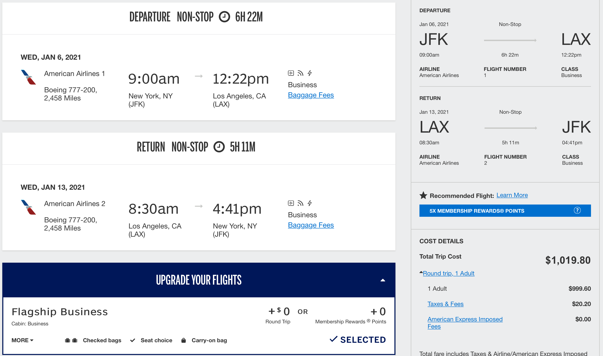 JFK to LAX Amex Travel Price
