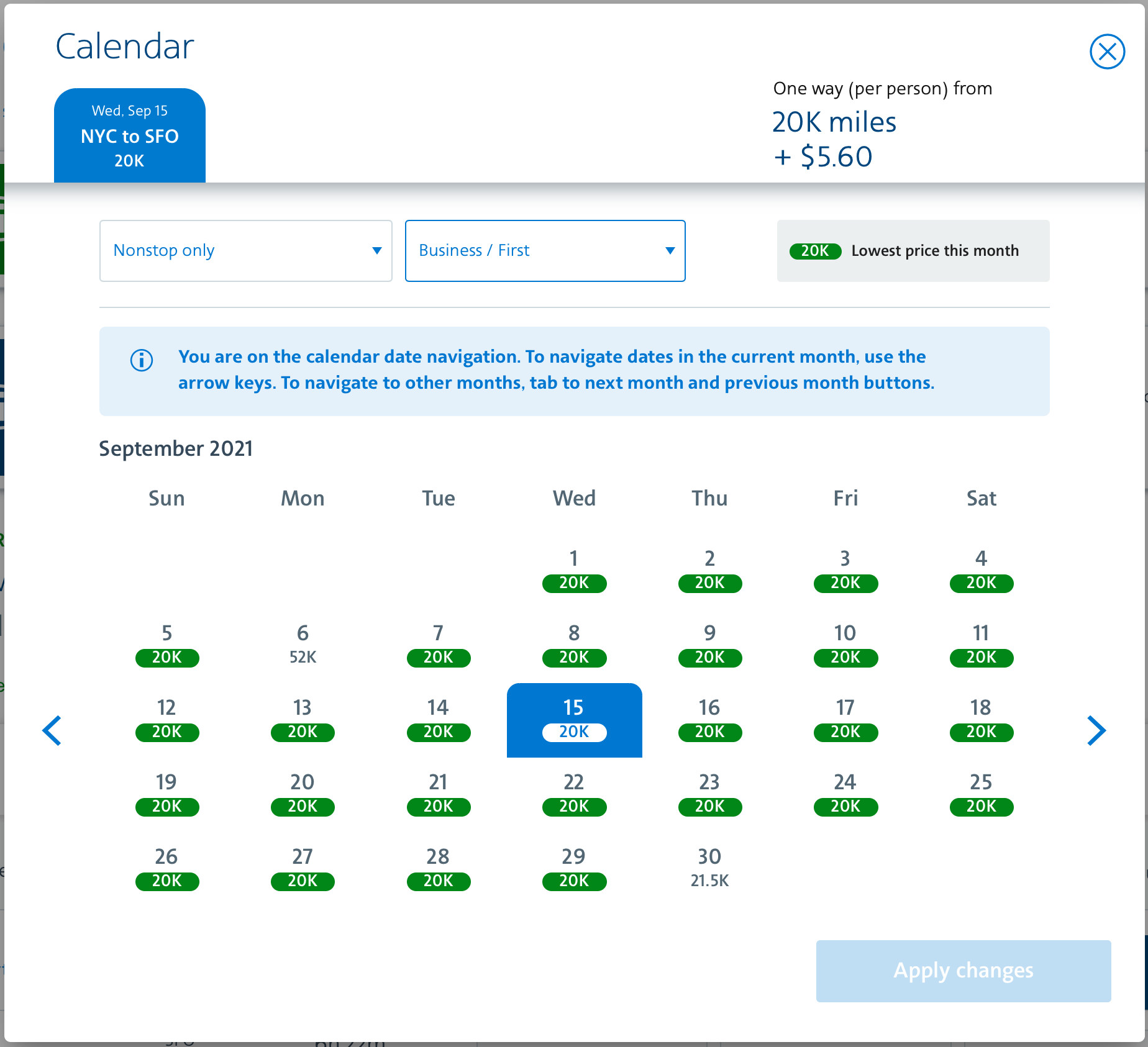 JFK to SFO American Business Class Award Space September