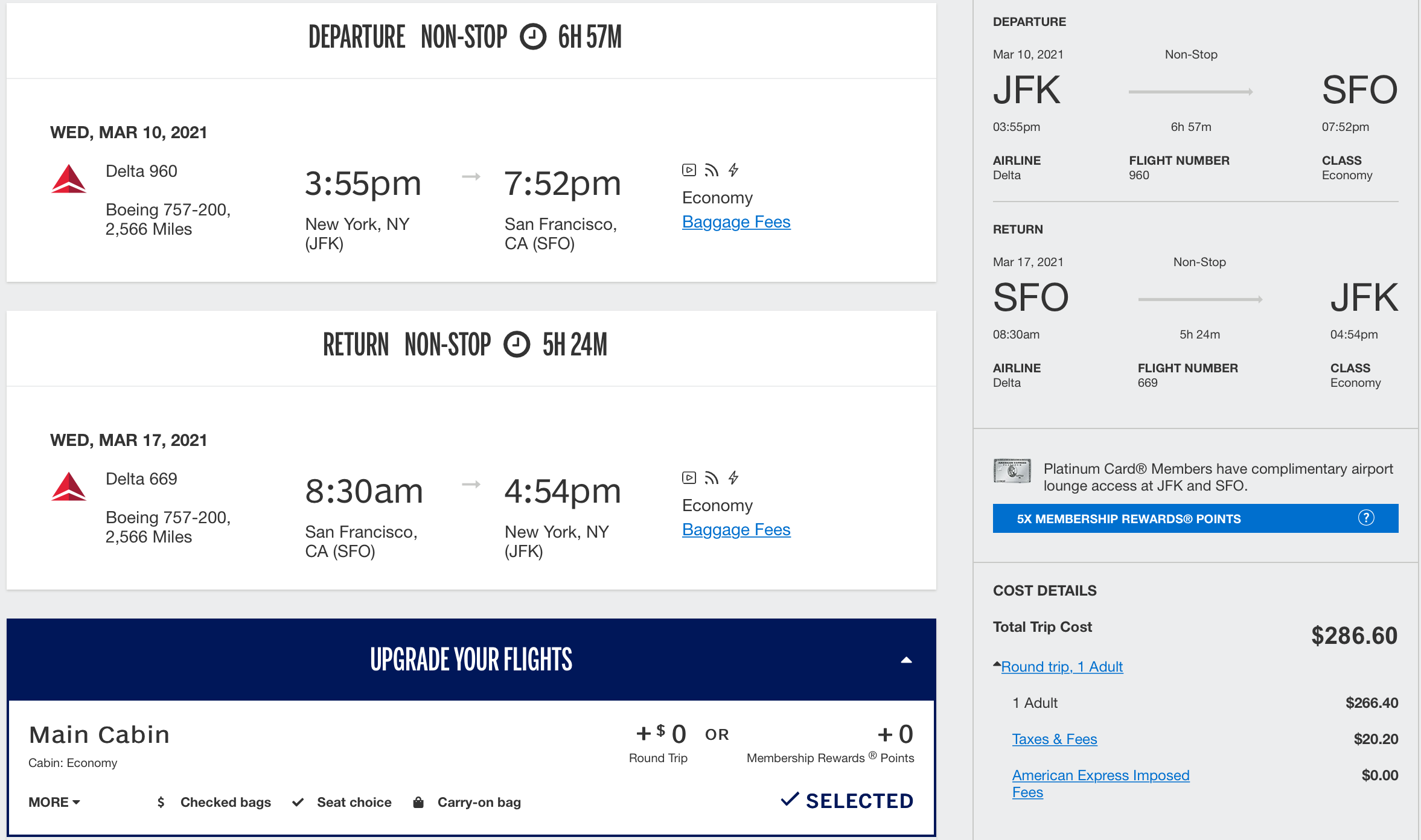 JFK to SFO Pricing Amex Travel
