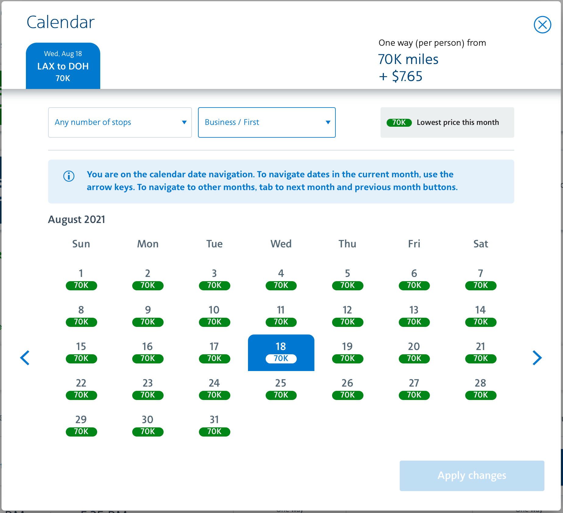 LAX to DOH Qatar Award Space on Americans Website