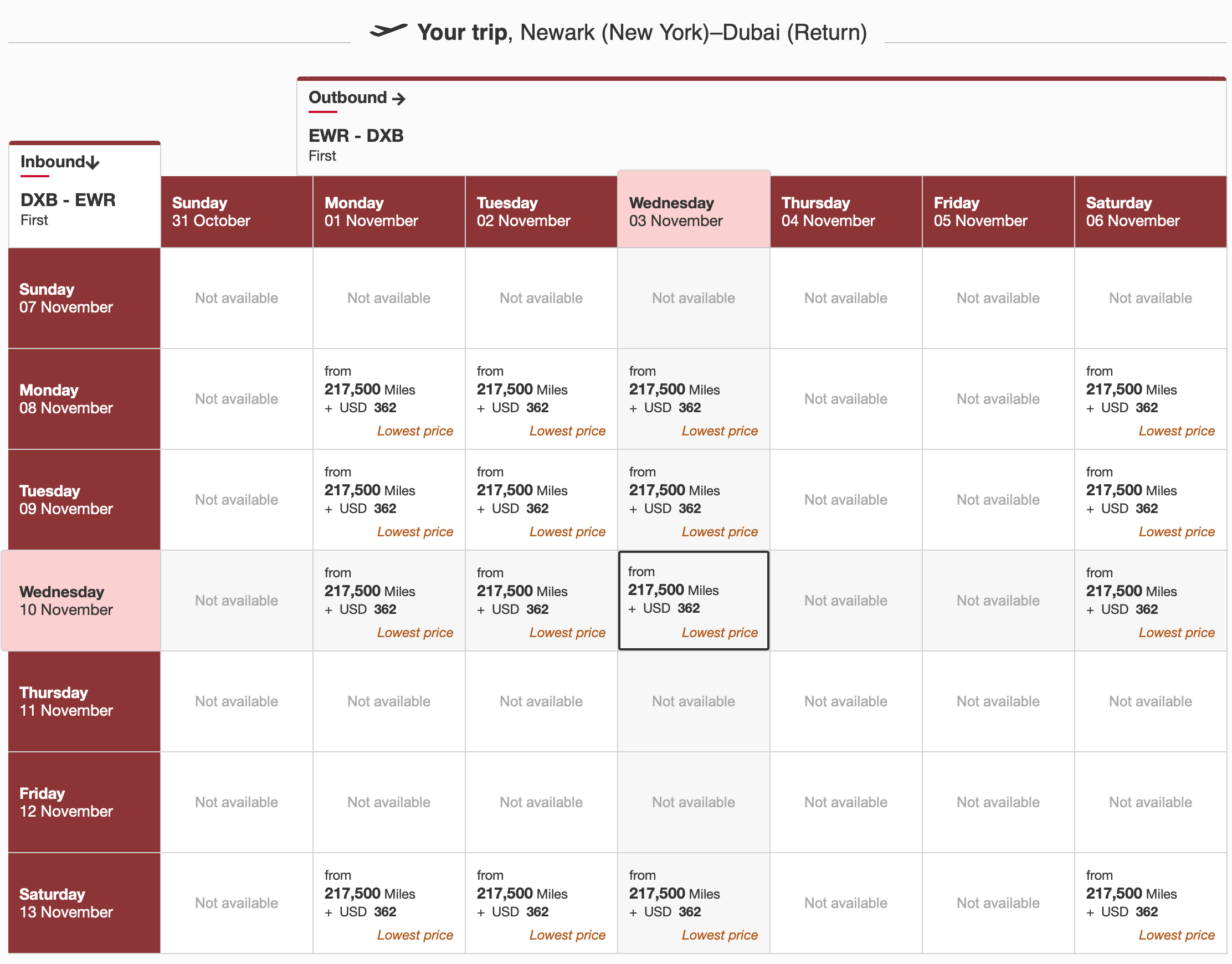 Newark to Dubai Emirates First Award Space November