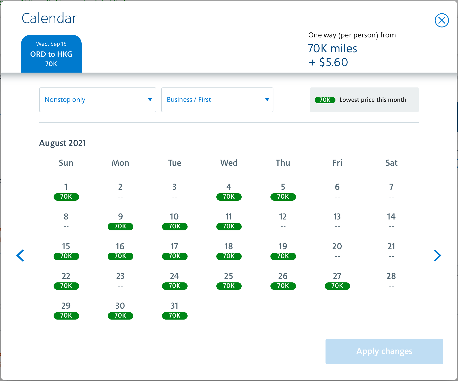 ORD to HKG Award Space on Cathay Pacific