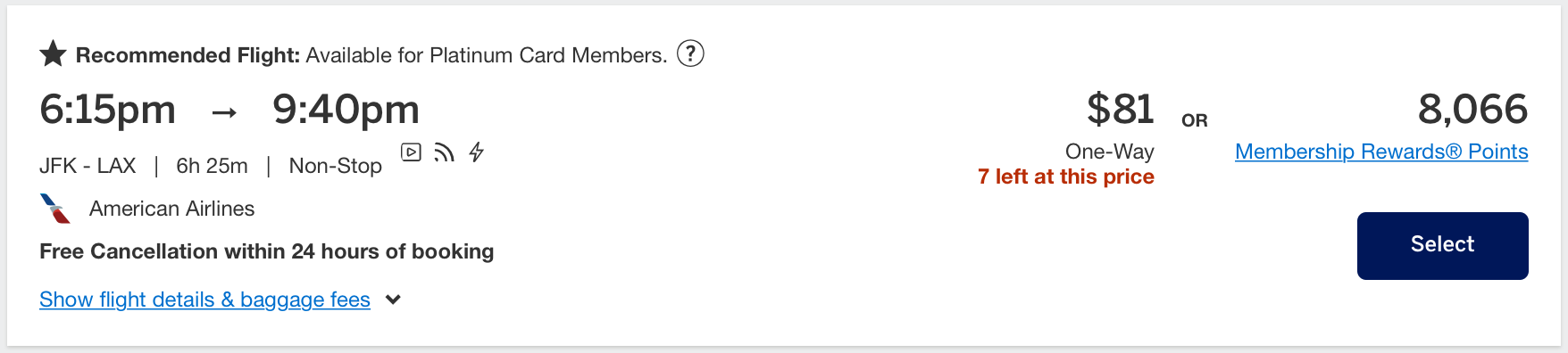 Recommended Flight in Amex Travel