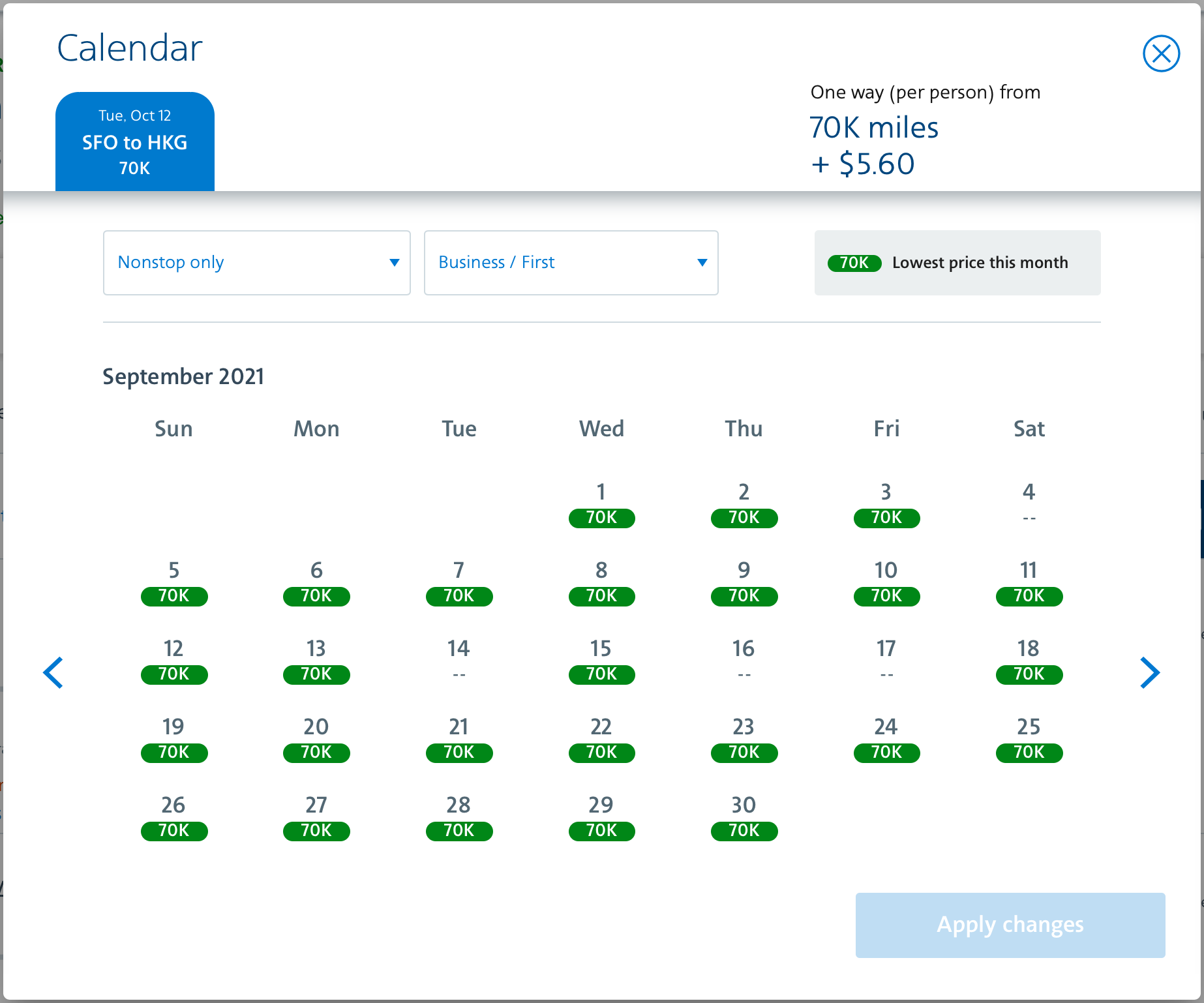 SFO to HKG Award Space on Cathay Pacific