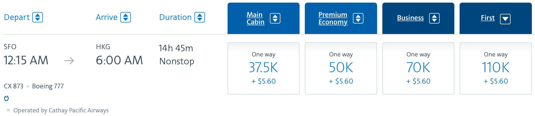 SFO to HKG Cathay Pacific American Award Ticket
