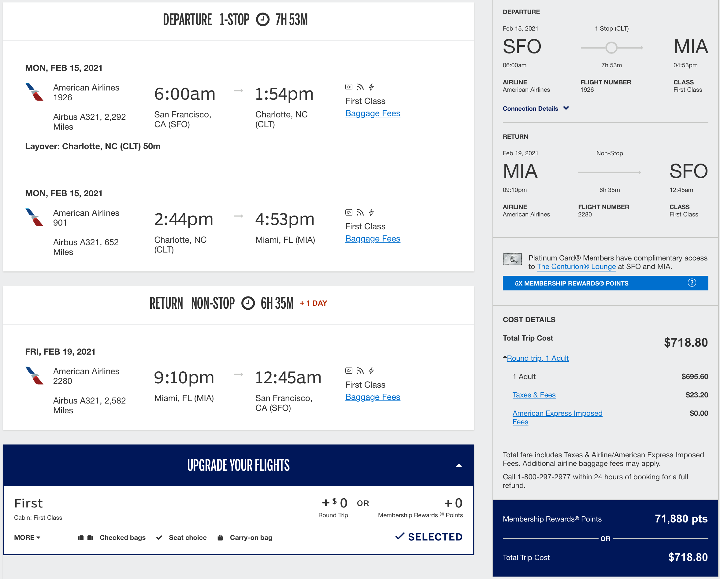 SFO to MIA Amex Travel Price