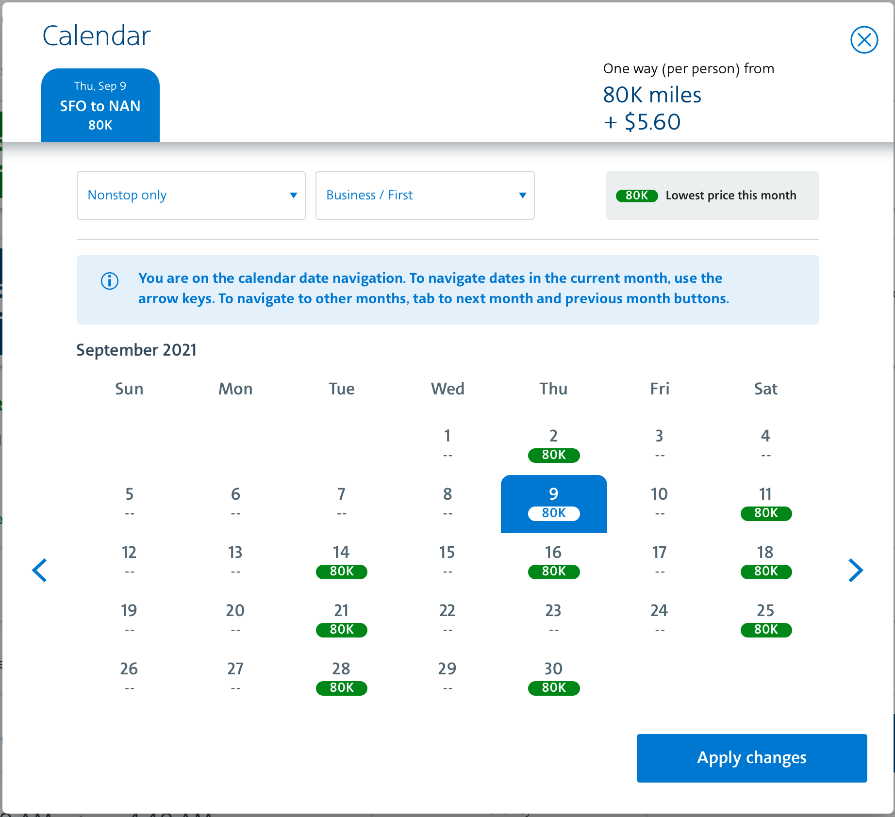 SFO to NAN Award Space Fiji Airways