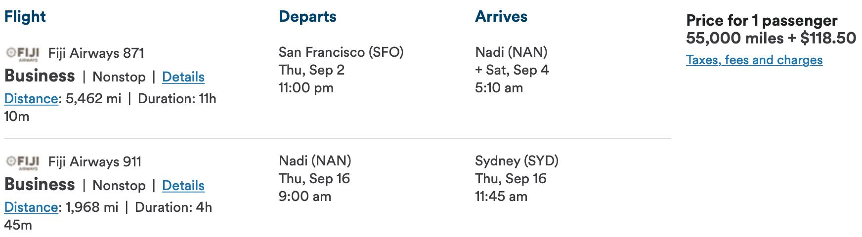 SFO to NAN to SYD Fiji Airways Itinerary