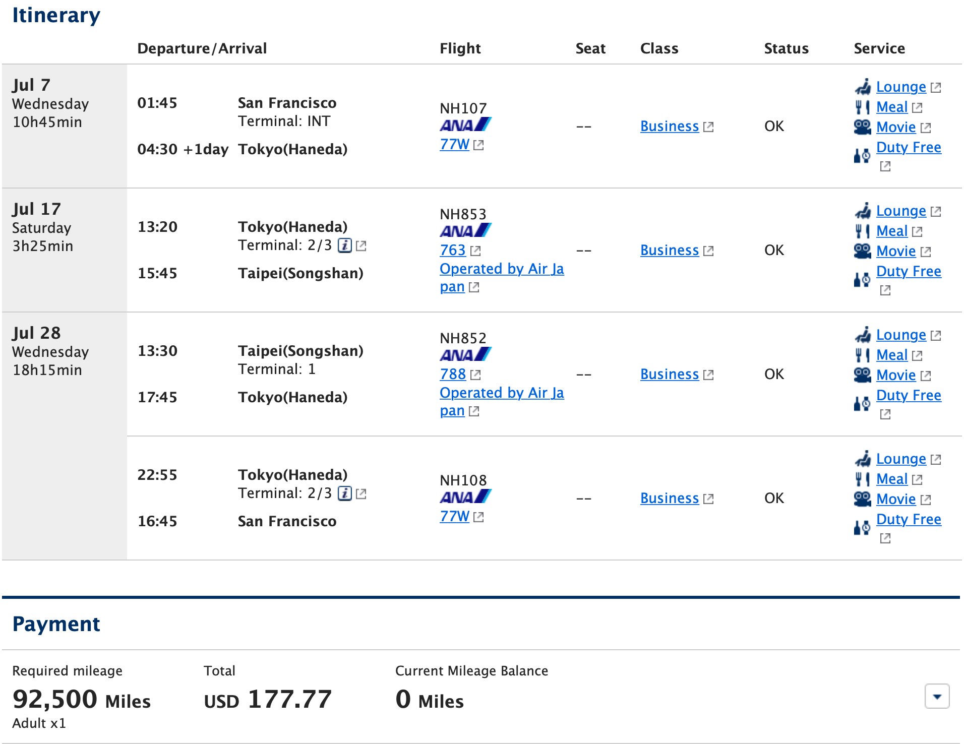 SFO to TPE to HND to SFO ANA Award Ticket