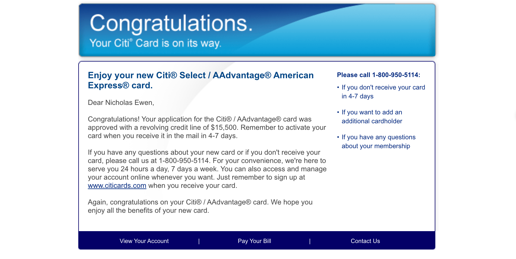 An approval notice on an old Citi-issued AAdvantage credit card