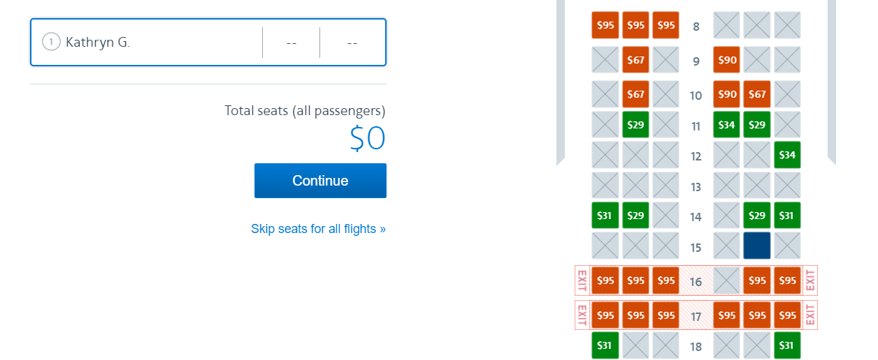 Exit row seats bookable as Main Cabin Extra seats from Chicago to Los Angeles