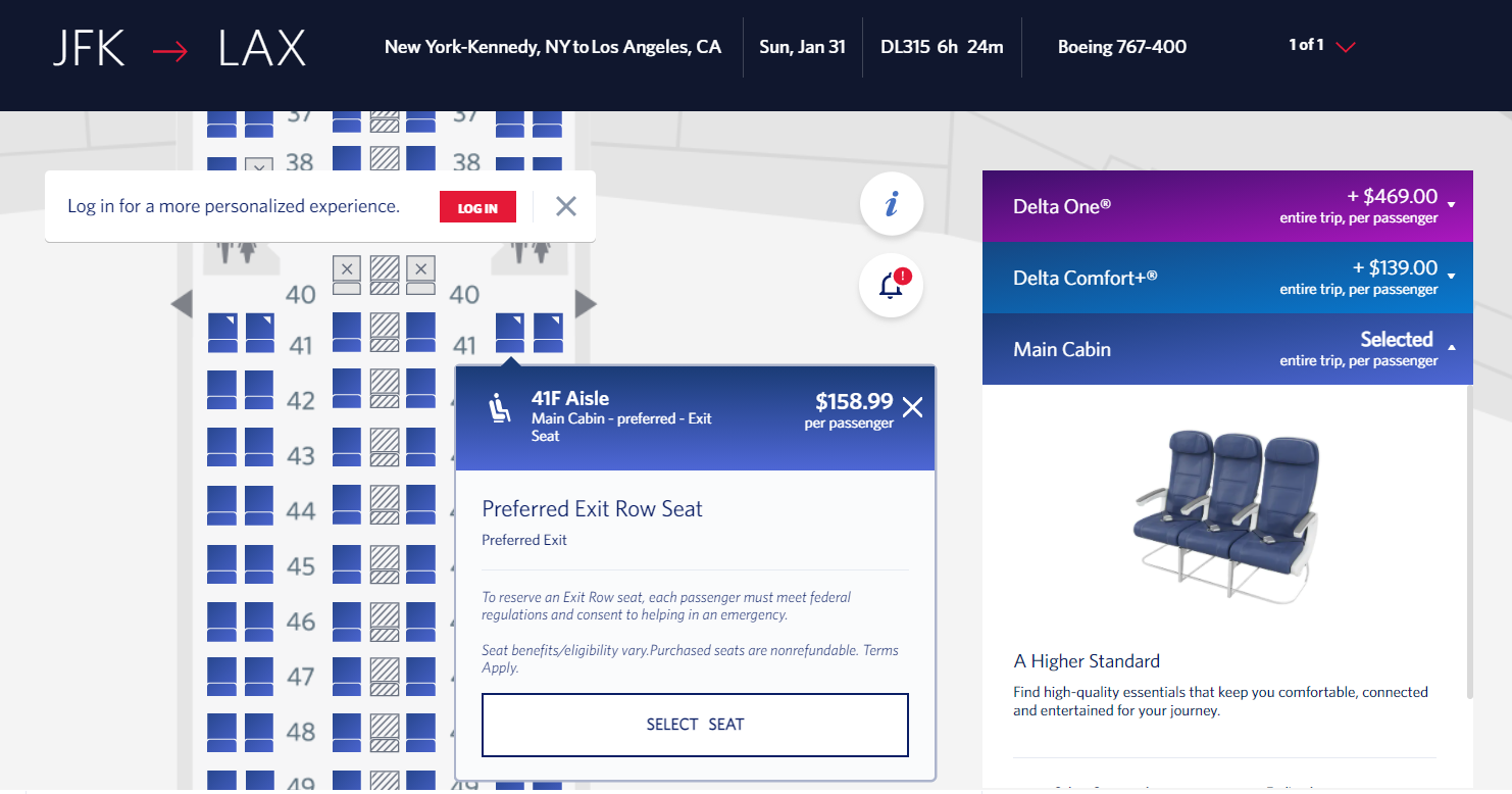 Exit row seats bookable as Preferred Seating on Delta