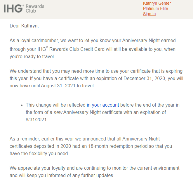 IHG Anniversary Night extension email