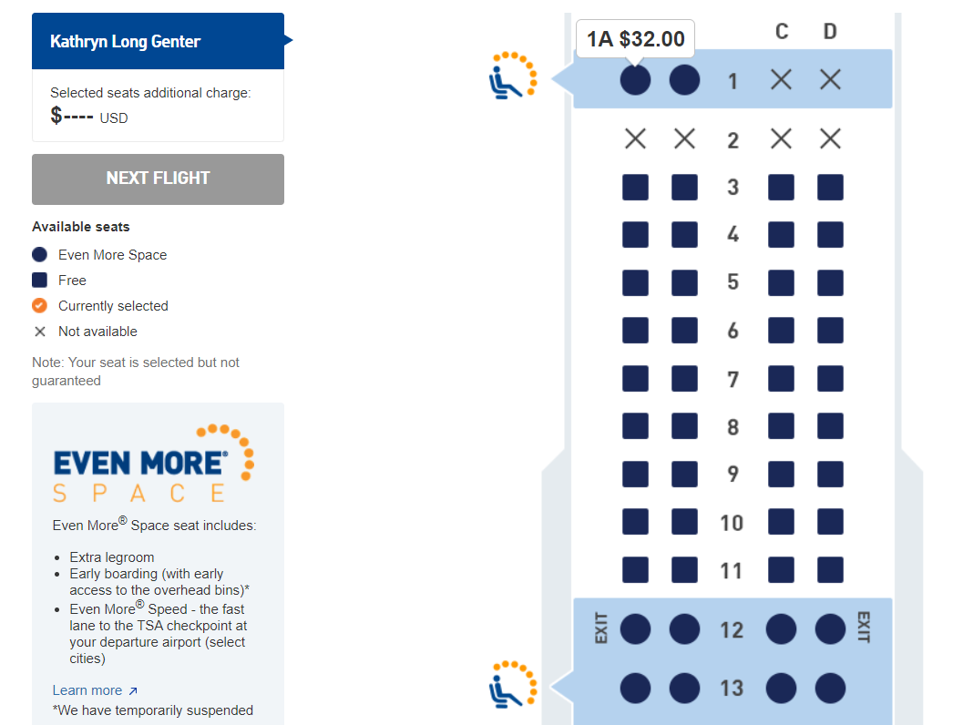 JetBlue exit seats bookable LGA-BOS