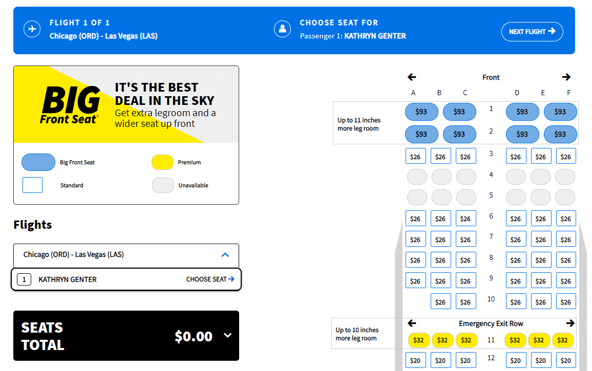 Options to purchase seats on a Spirit flight from Chicago to Las Vegas