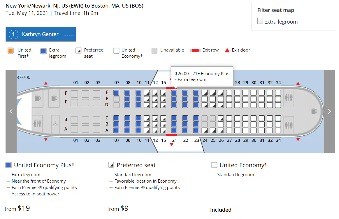 Options to purchase seats on a United flight from Newark to Boston