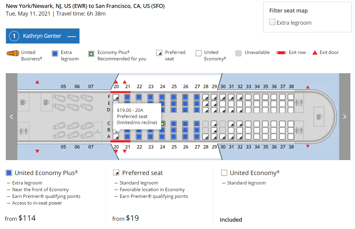 Options to purchase seats on a United flight from Newark to San Francisco