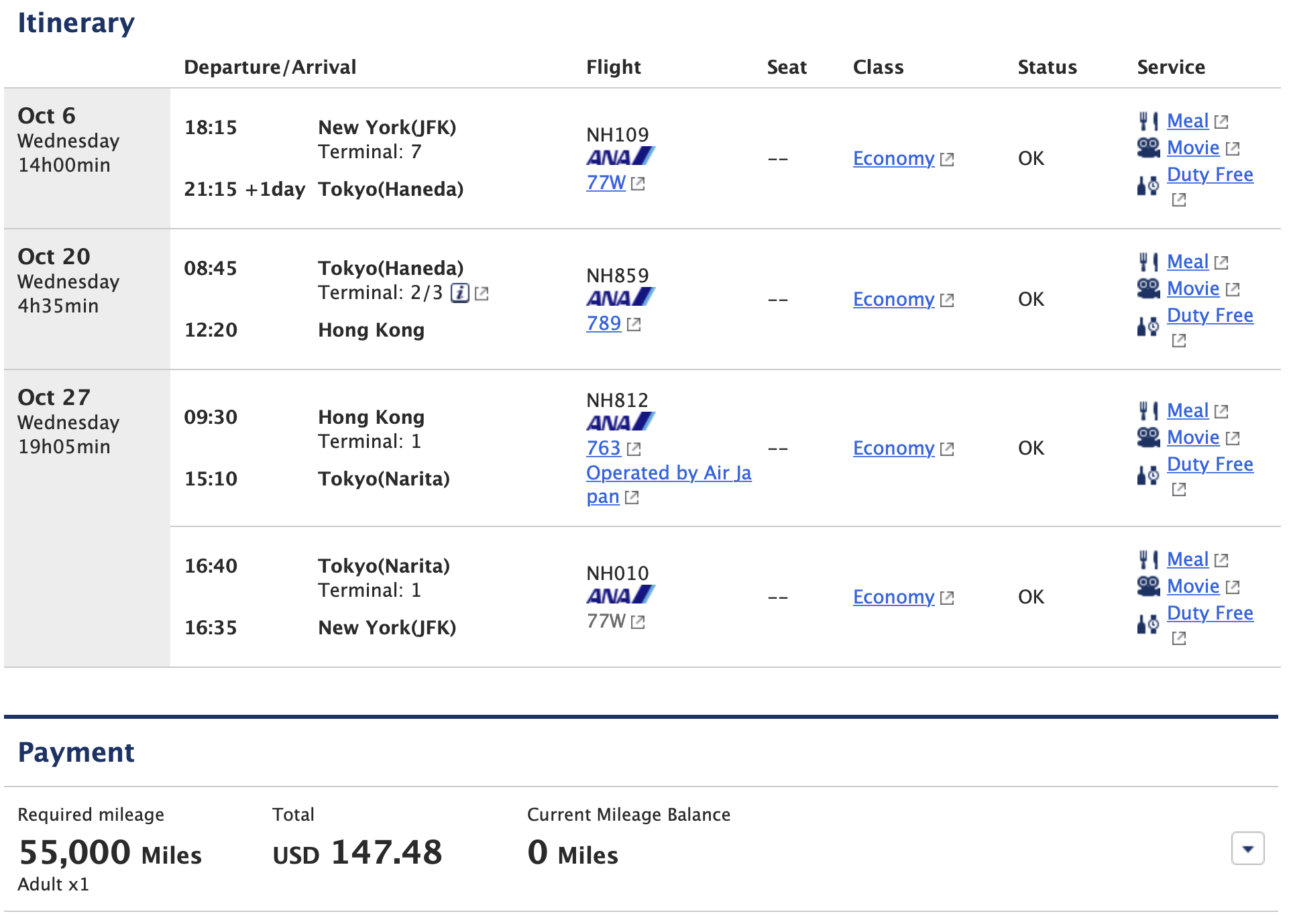 ANA award ticket to Hong Kong with a stopover in Tokyo
