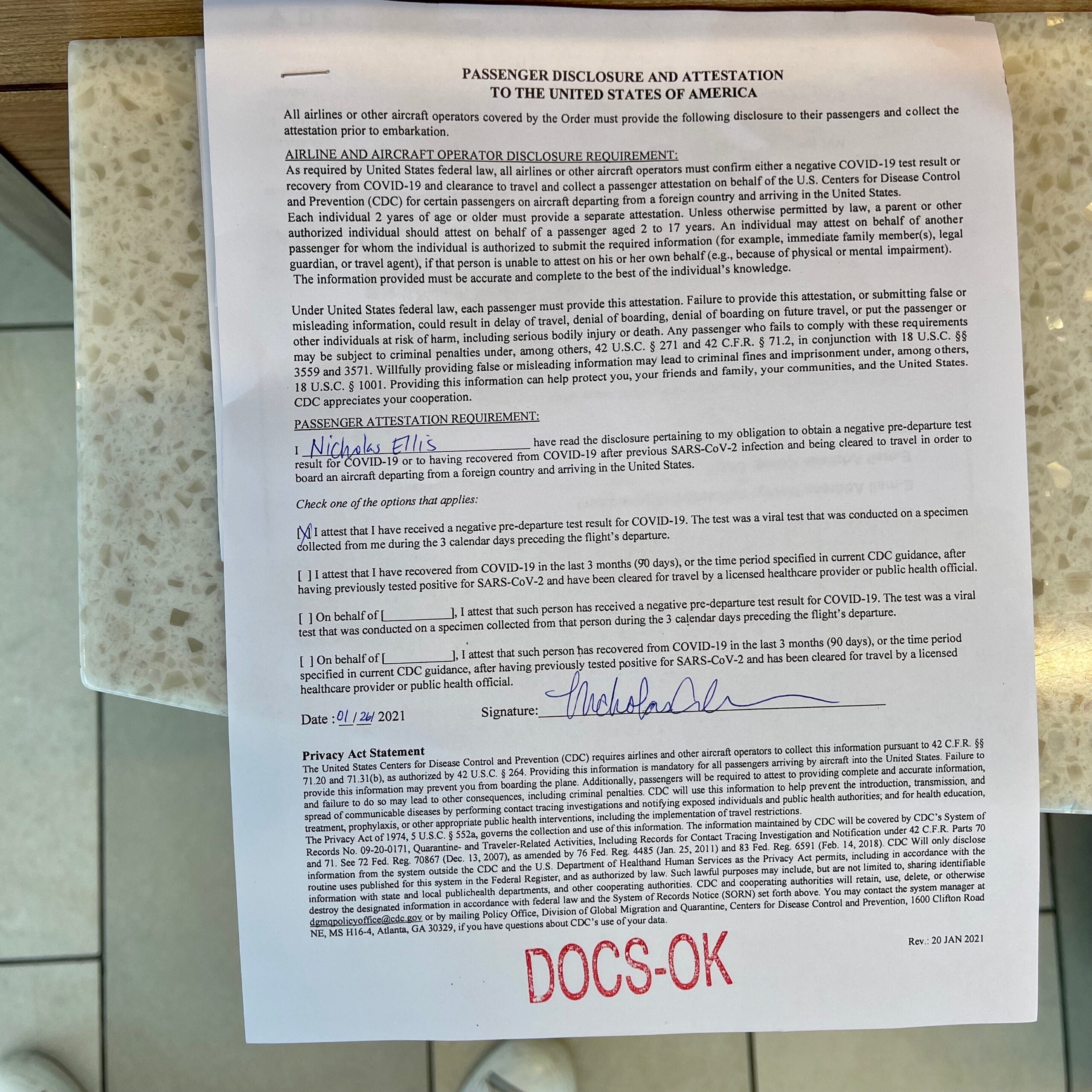 Attestation form for travel to the US