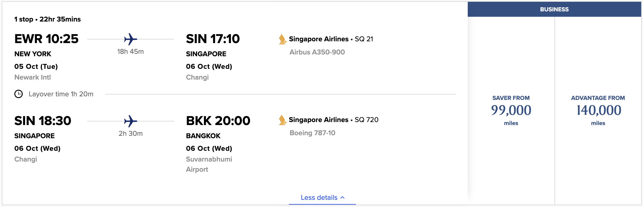 EWR to BKK via SIN SQ Award Ticket