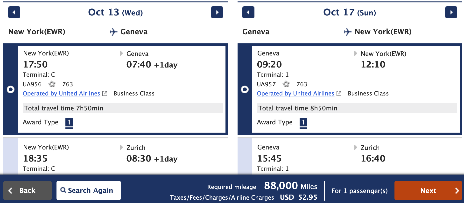 EWR to GVA Award Ticket ANA Mileage Club