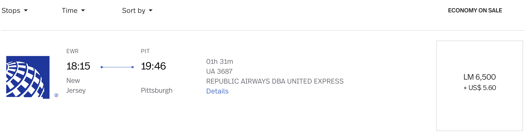 EWR to PIT LifeMiles Award
