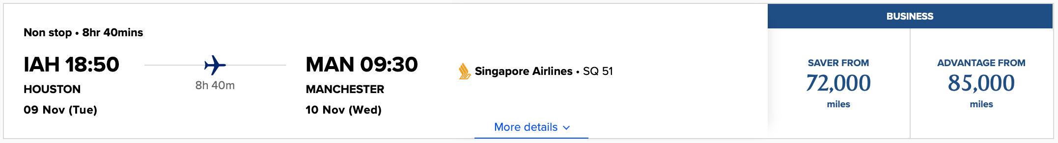IAH to MAN Singapore Airlines Award Ticket