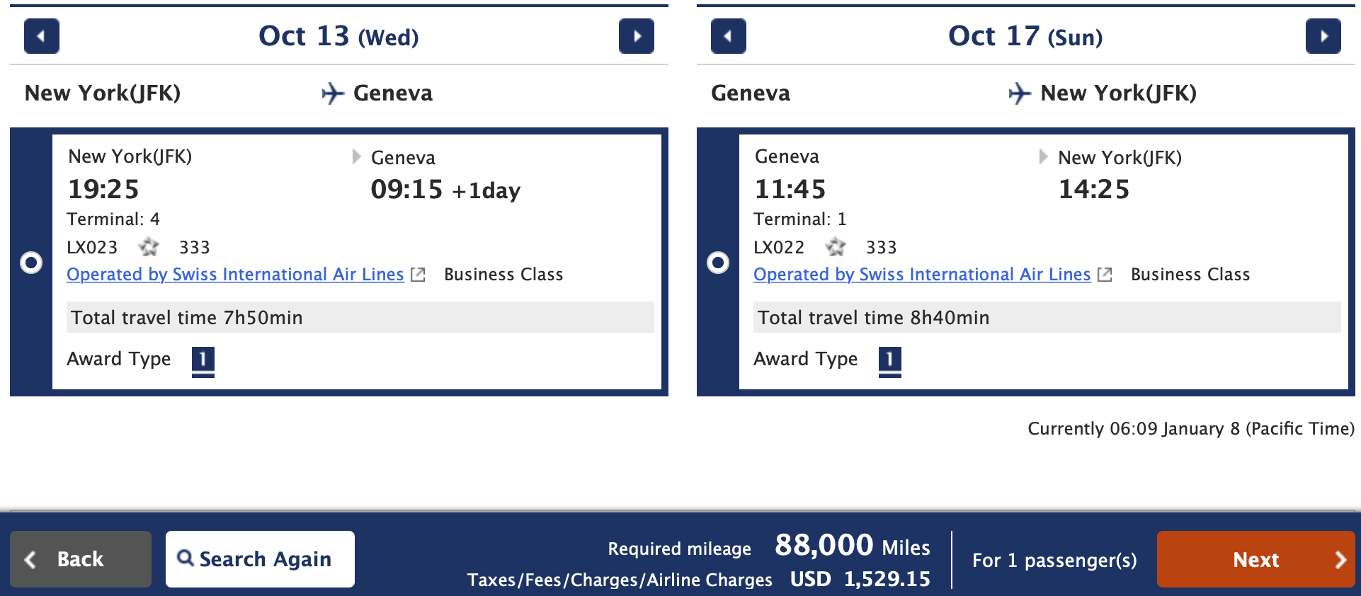 JFK to GVA Award Ticket ANA Mileage Club
