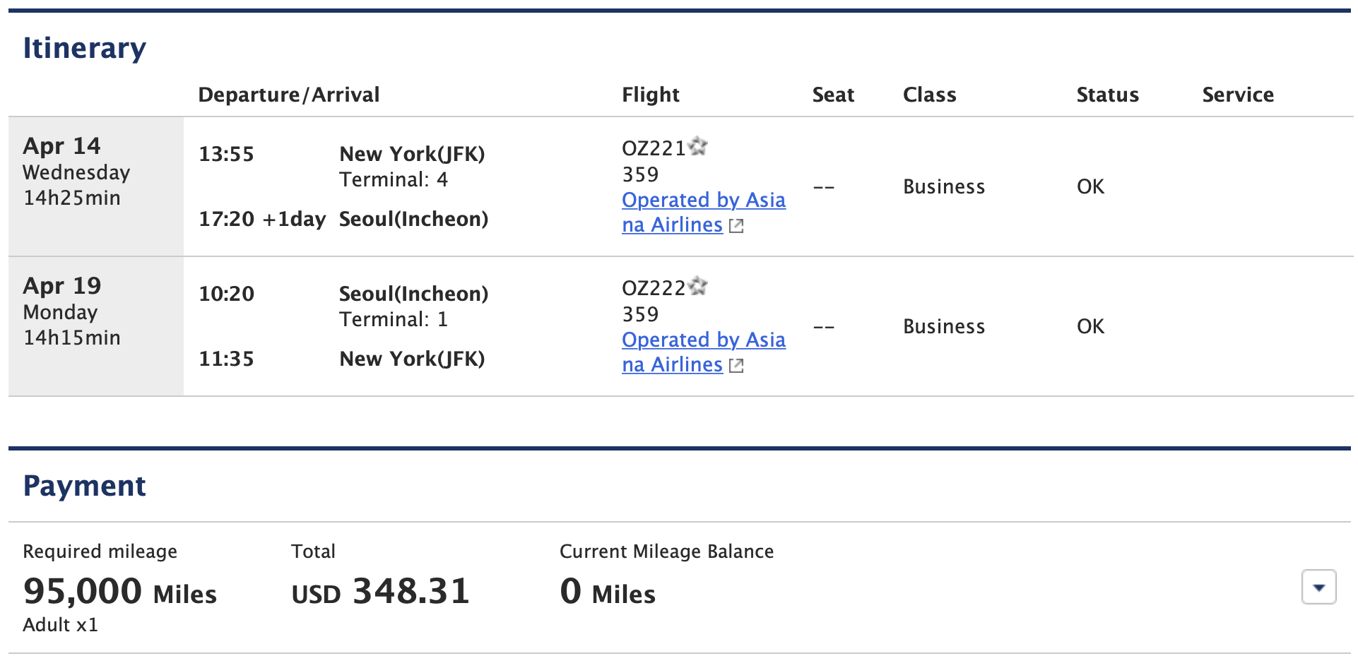 JFK to ICN ANA Award Ticket
