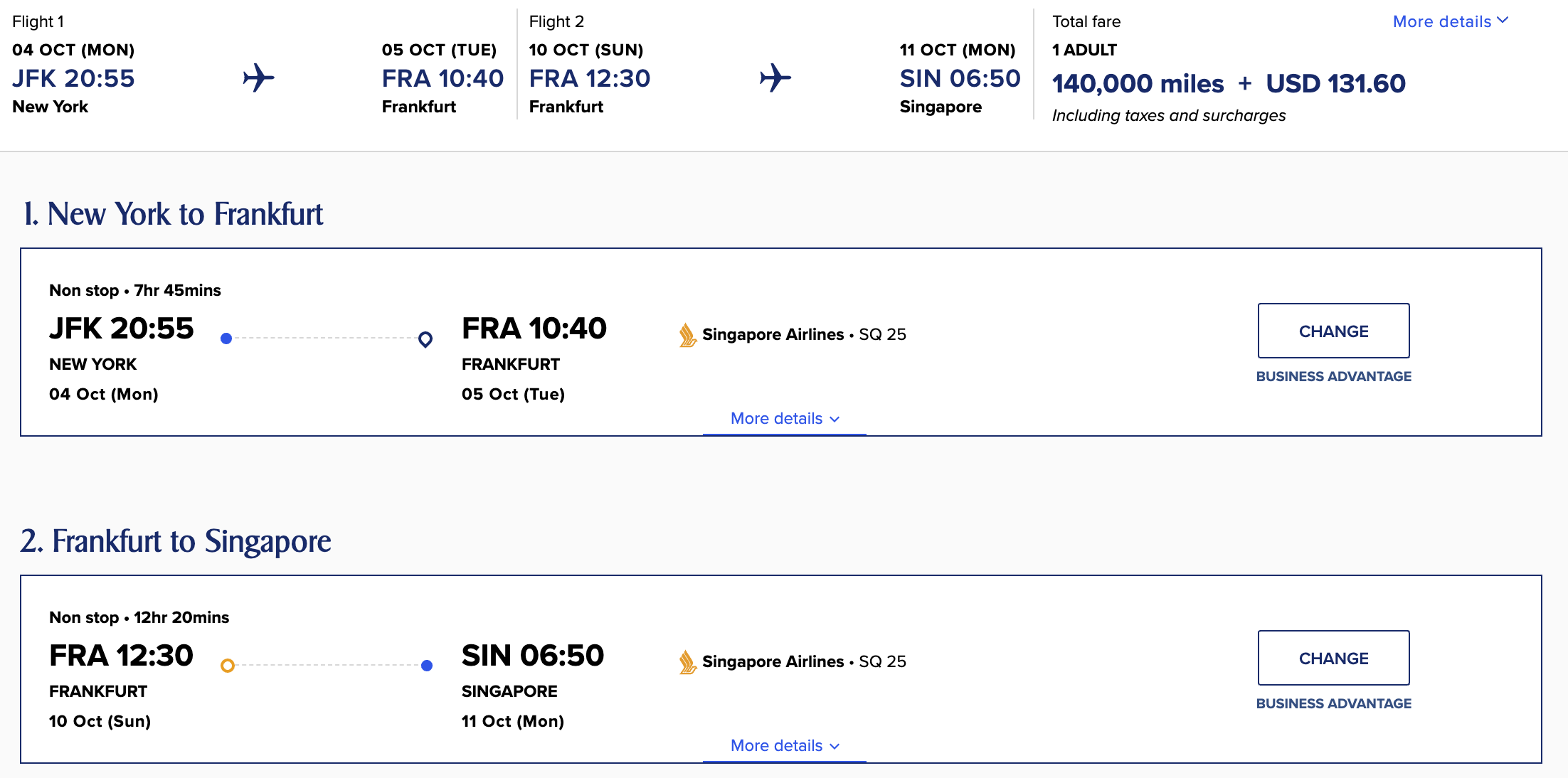 JFK to SIN via FRA SQ Advantage Award