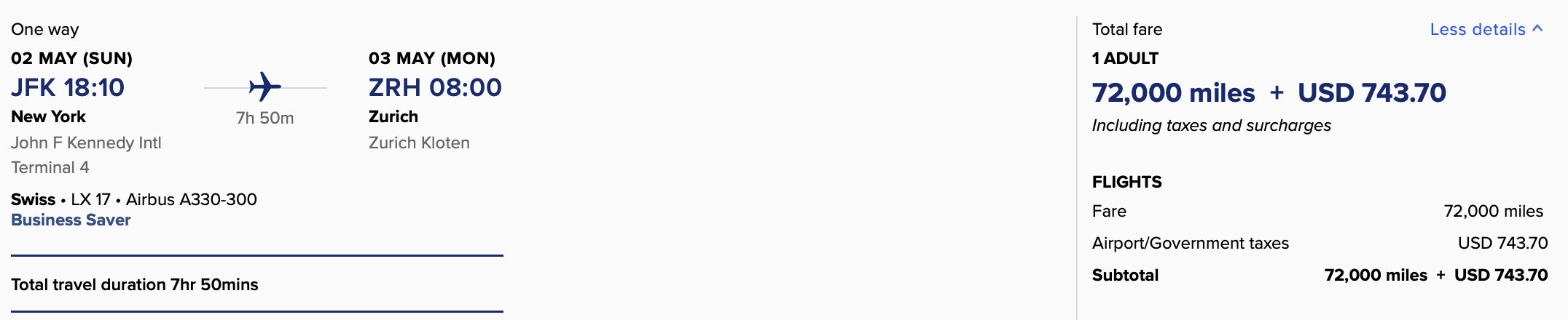 JFK to ZRH Singapore Airlines Booking With Fees