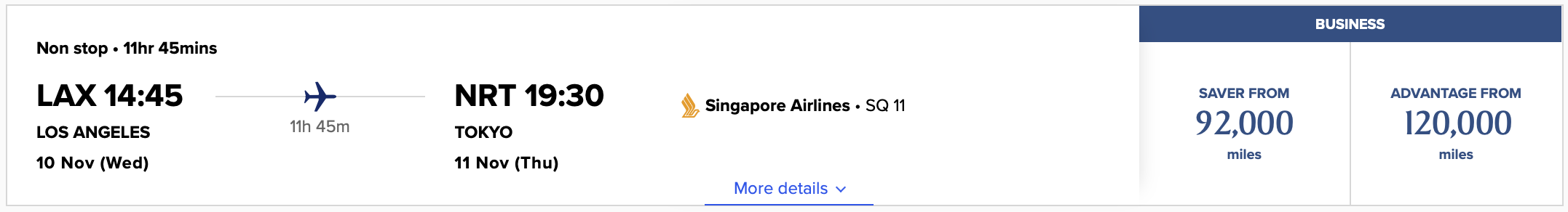 LAX to NRT Singapore Airlines Award Ticket