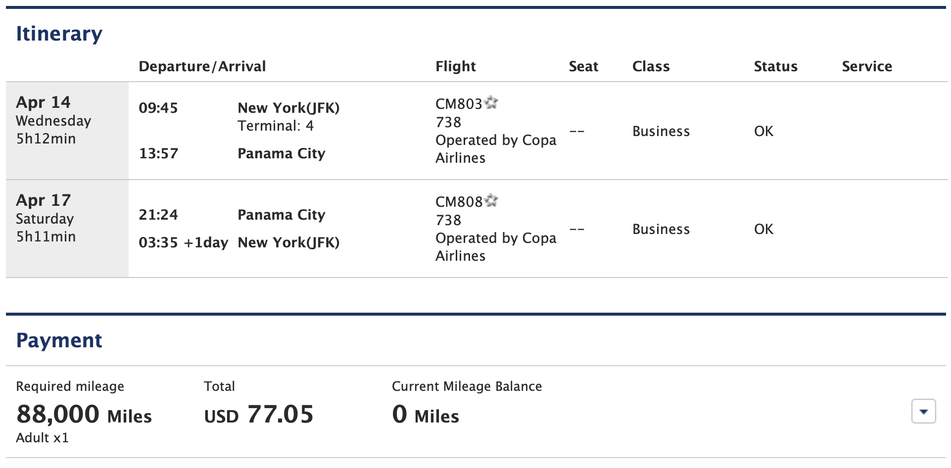 LAX to PTY ANA Award Ticket