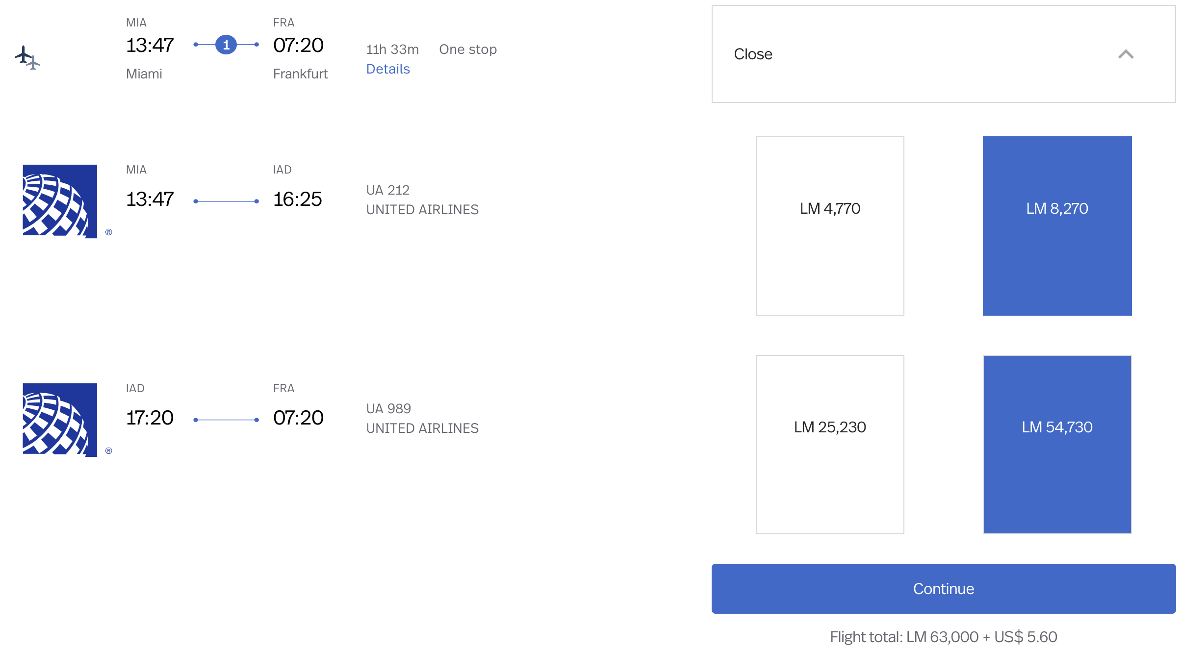 MIA to FRA via IAD LifeMiles Award