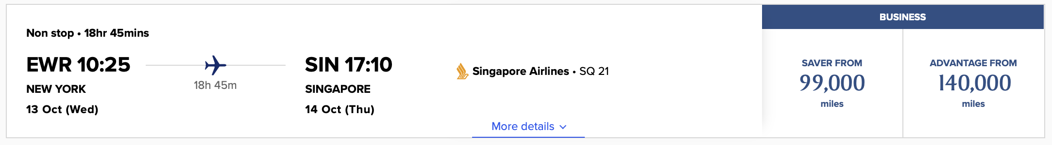 Newark to Singapore SQ Award