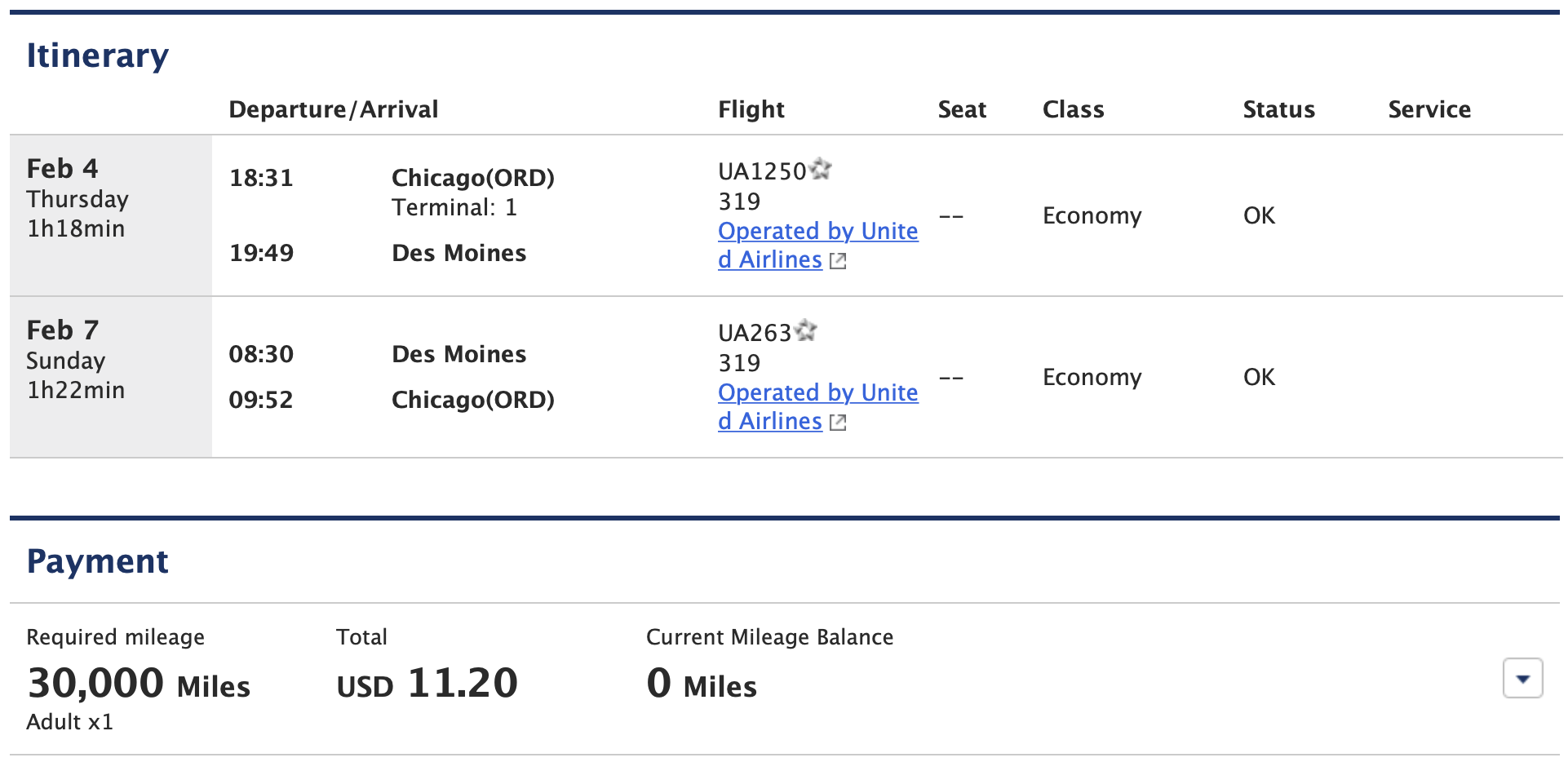ORD to DSM ANA Award Ticket