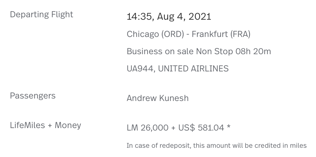 ORD to FRA LifeMiles Cash and Miles Booking