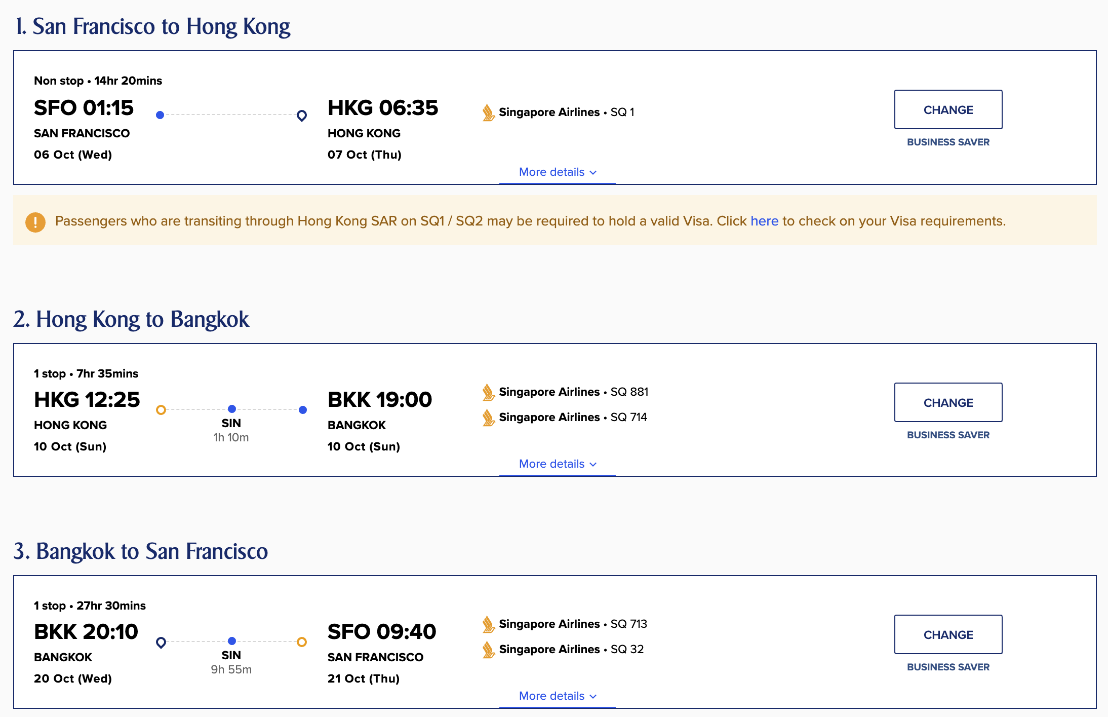 SFO to BKK and HKG Singapore Ticket