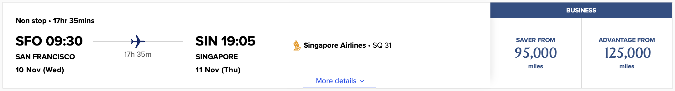 SFO to SIN Singapore Airlines Award Ticket
