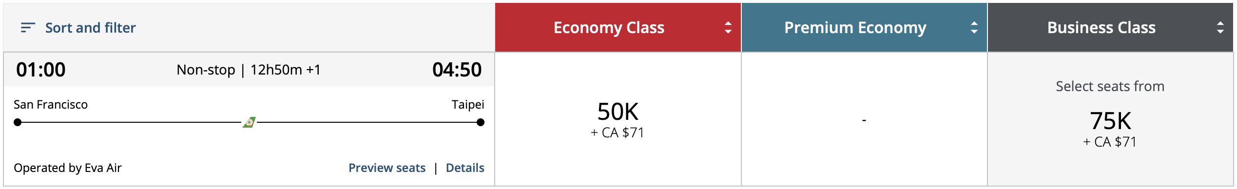 SFO to TPE Aeroplan Flight