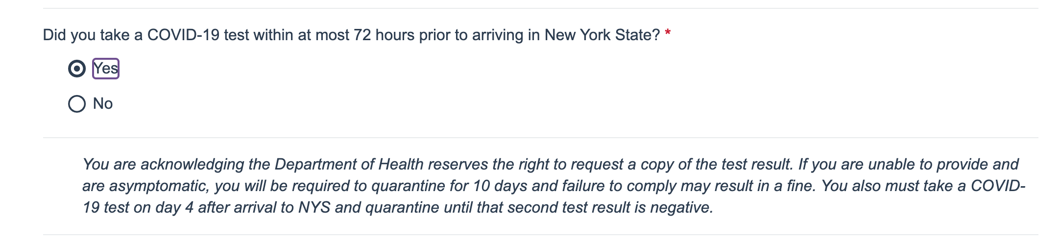 Screen shot of New York State Traveler Health Form