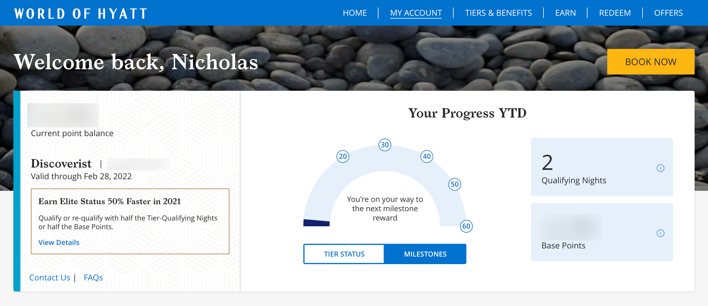 A screen shot of Nick Ewen's online World of Hyatt account