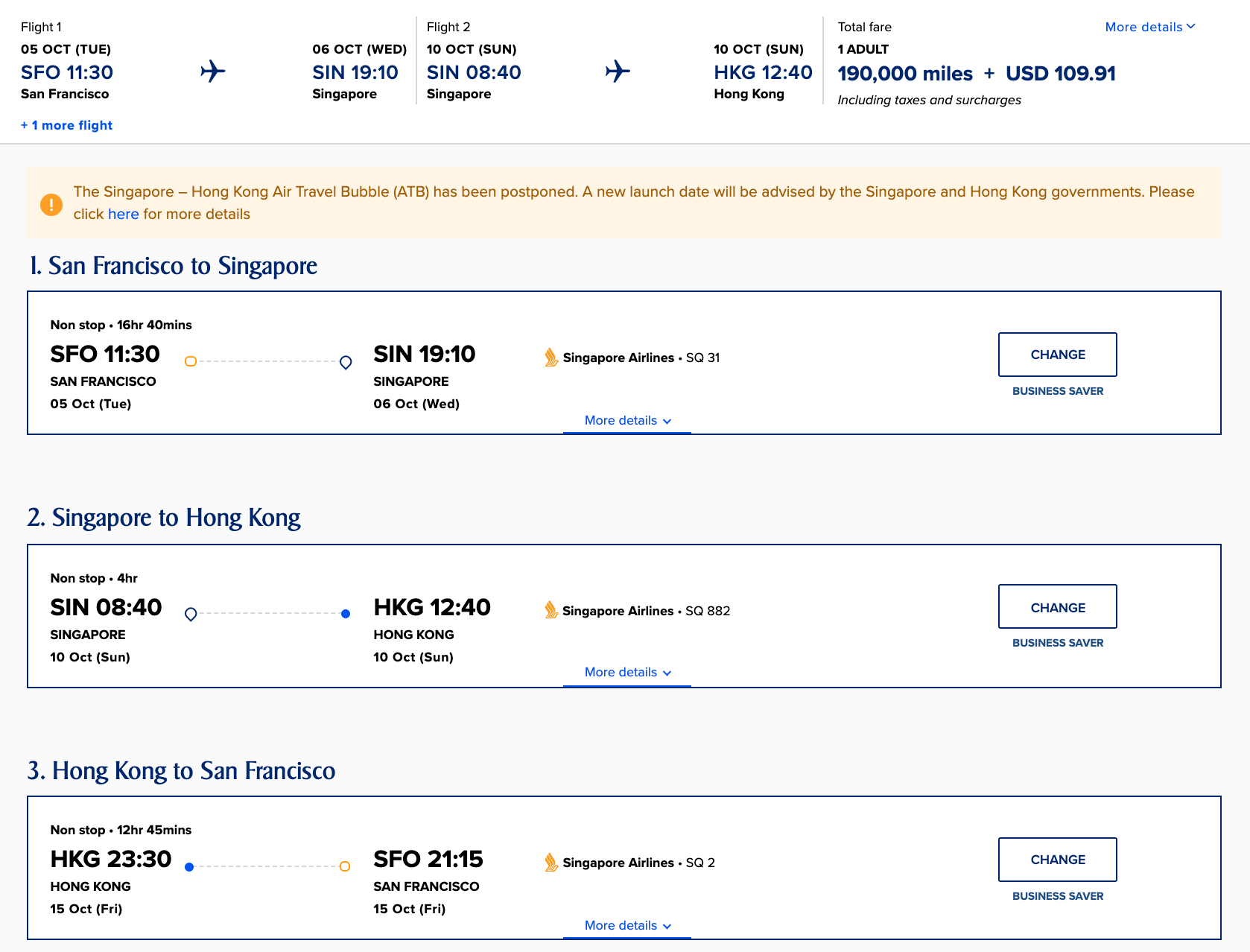 Singapore Airlines award itinerary from San Francisco to Singapore with a stopoever in Hong Kong