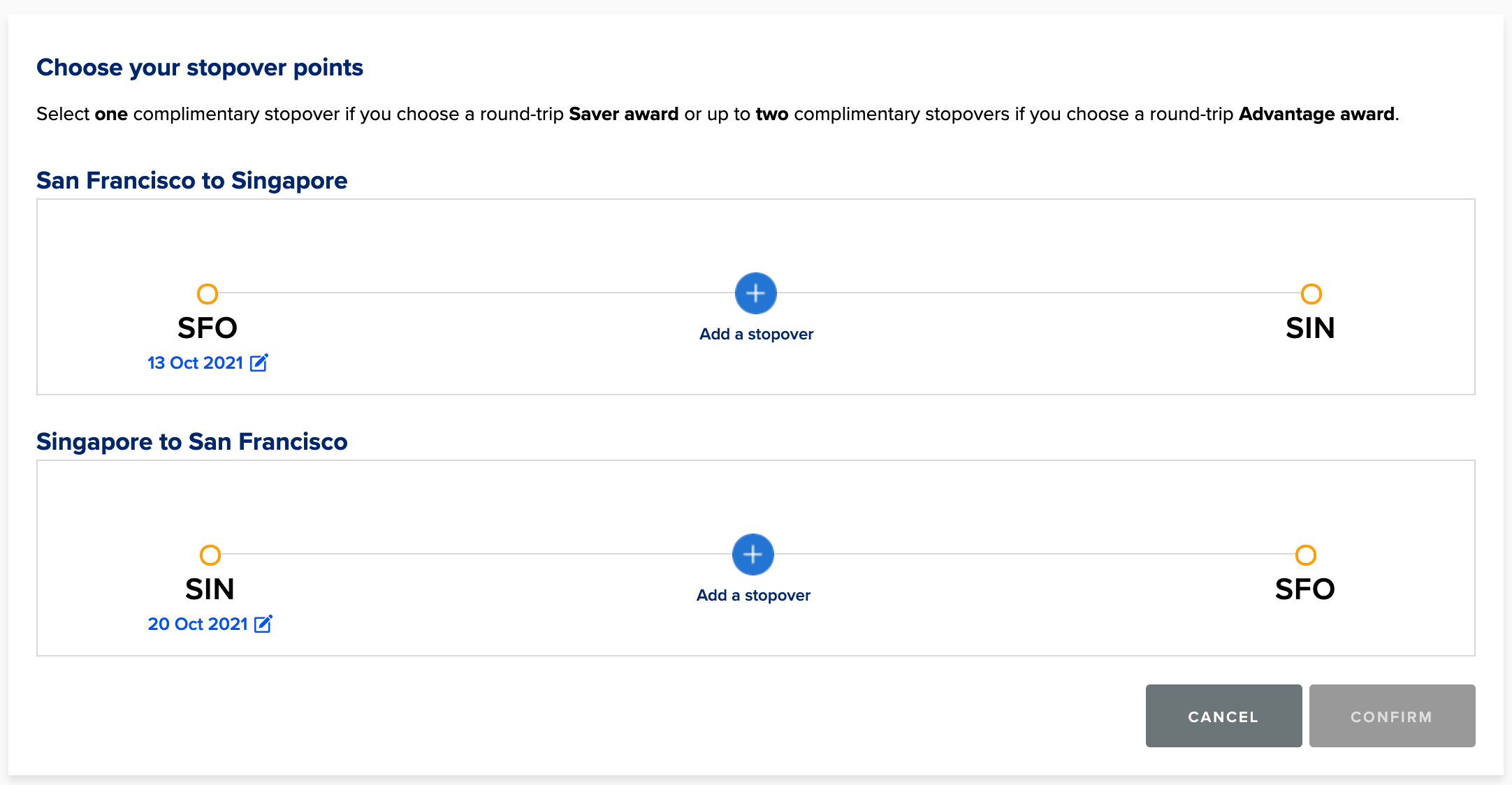 Details of how to add stopovers on Singapore Airlines award tickets