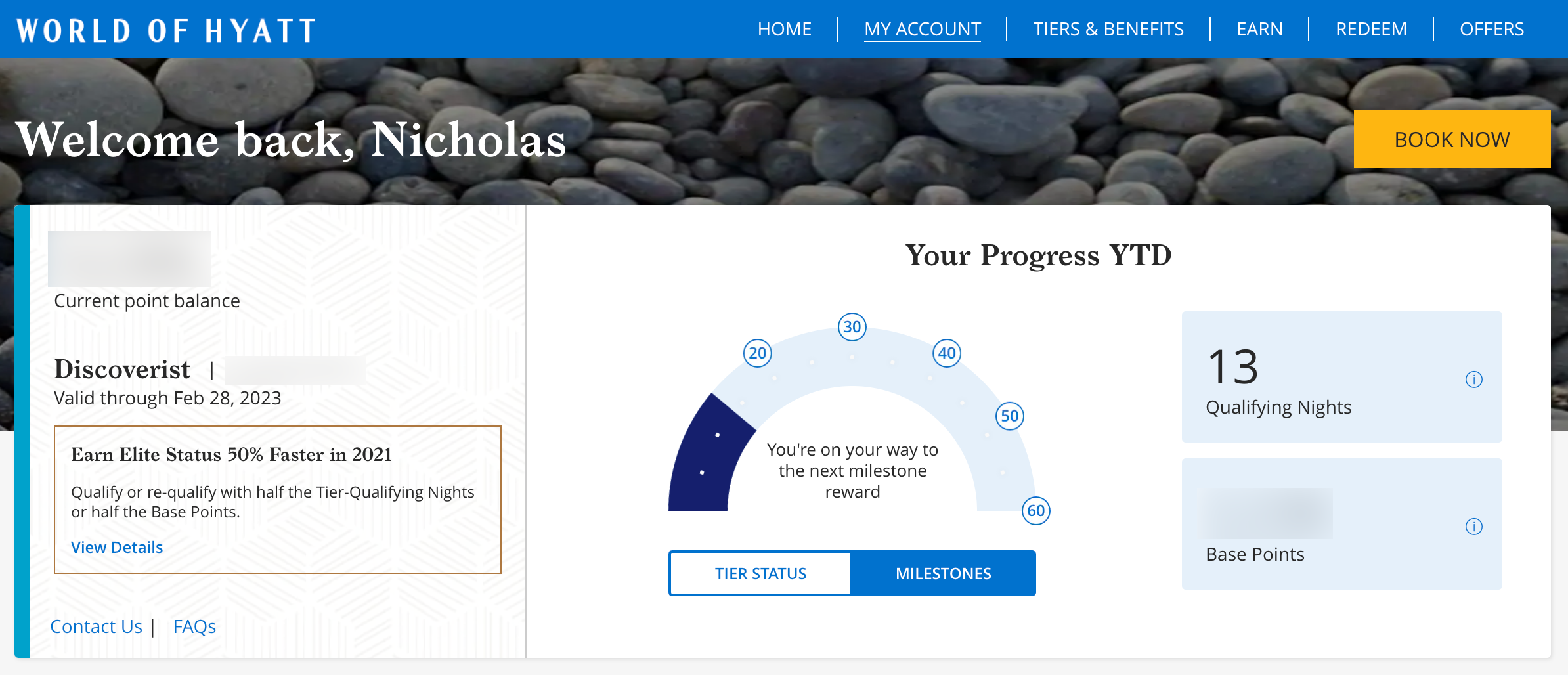 Online World of Hyatt account snapshot with elite nights from Bonus Journeys promotion