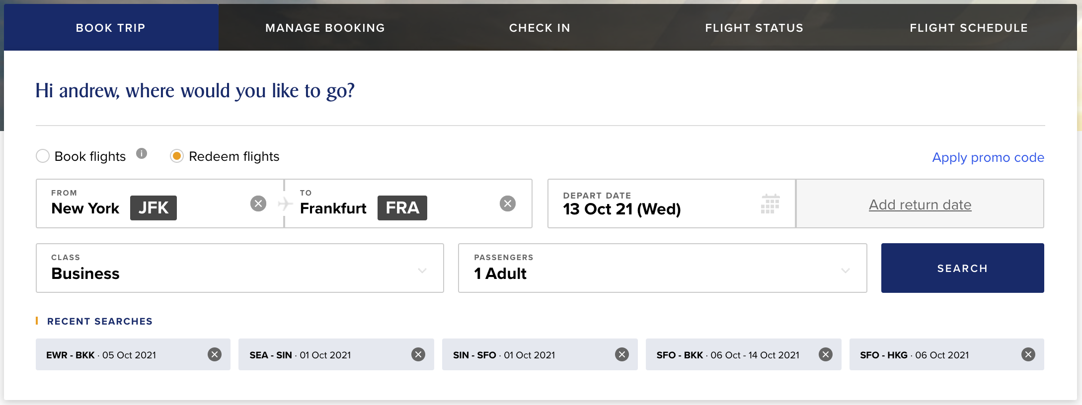 Searching on Singapore Airlines Website