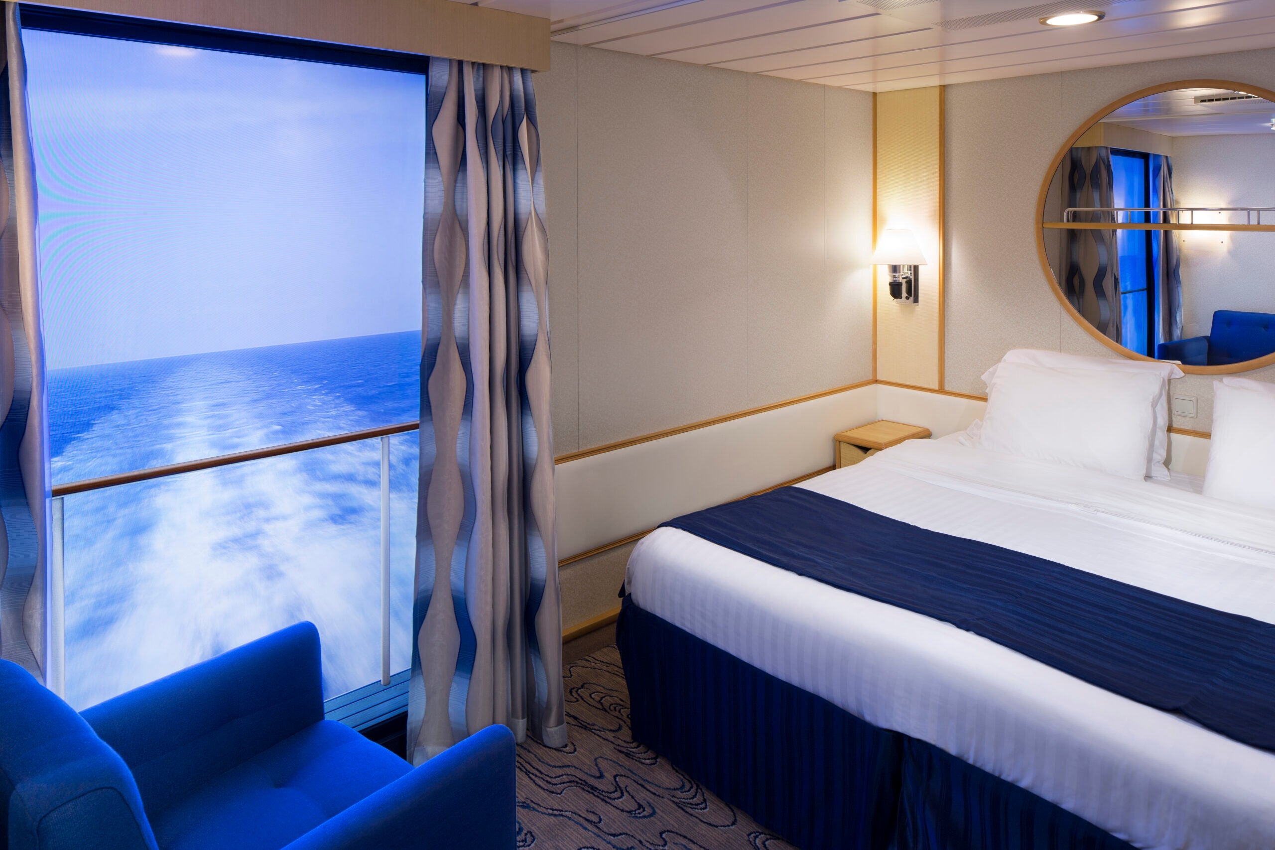 An inside cabin with a “virtual balcony” on Royal Caribbean’s Navigator of the Seas