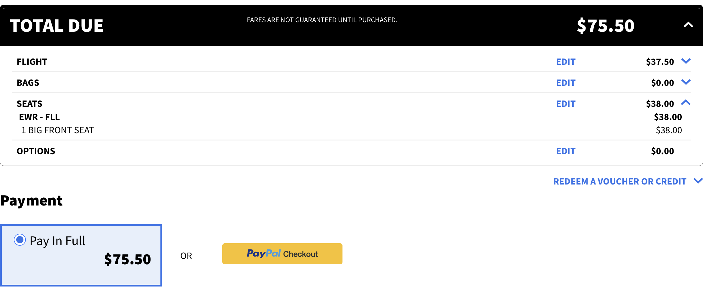 EWR FLL Big Front Seat Booking