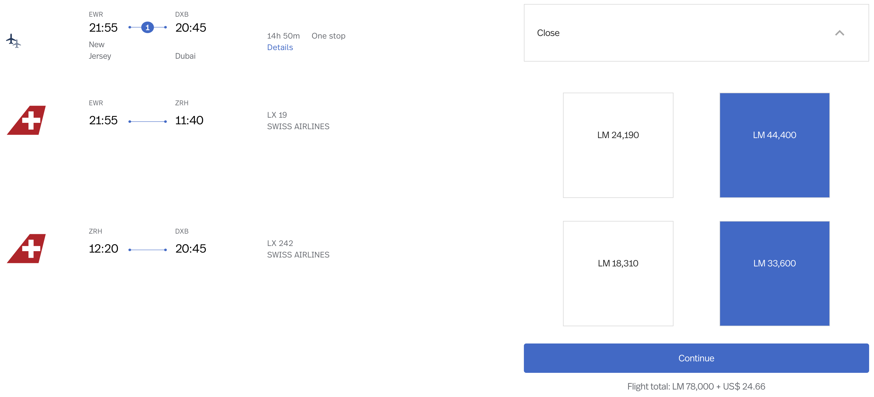 EWR ZRH DXB LifeMiles Award Ticket