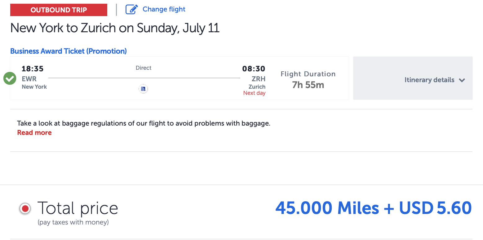 EWR ZRH Turkish Award Ticket